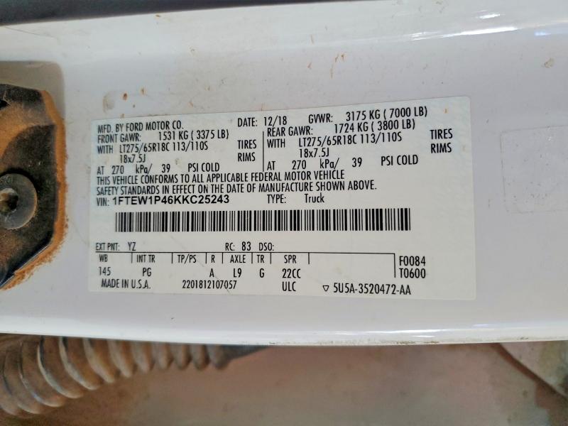 2019 Ford F150 მანქანა იყიდება აუქციონზე, vin: 1FTEW1P46KKC25243, აუქციონის ნომერი: 57542906