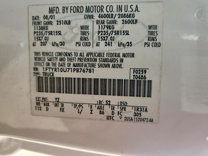 Продаж на аукціоні авто 2001 Ford Ranger, vin: 1FTYR10U71PB76781, номер лоту: 57352916