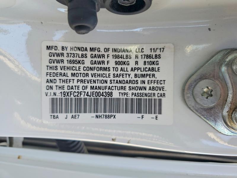 2018 Honda Civic მანქანა იყიდება აუქციონზე, vin: 19XFC2F74JE004398, აუქციონის ნომერი: 58154956