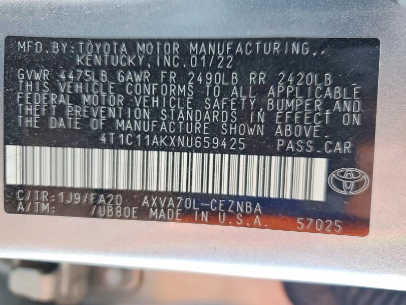 Aukcja sprzedaży 2022 Toyota Camry, vin: 4T1C11AKXNU659425, numer aukcji: 56146256