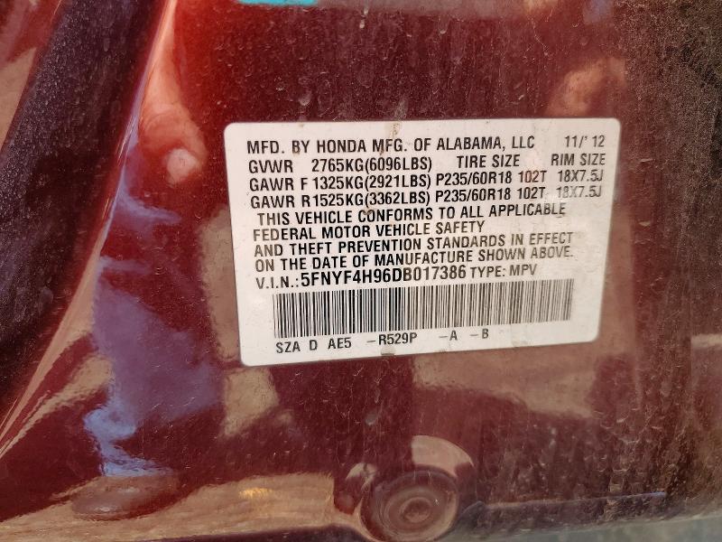 2013 Honda Pilot მანქანა იყიდება აუქციონზე, vin: 5FNYF4H96DB017386, აუქციონის ნომერი: 85462265