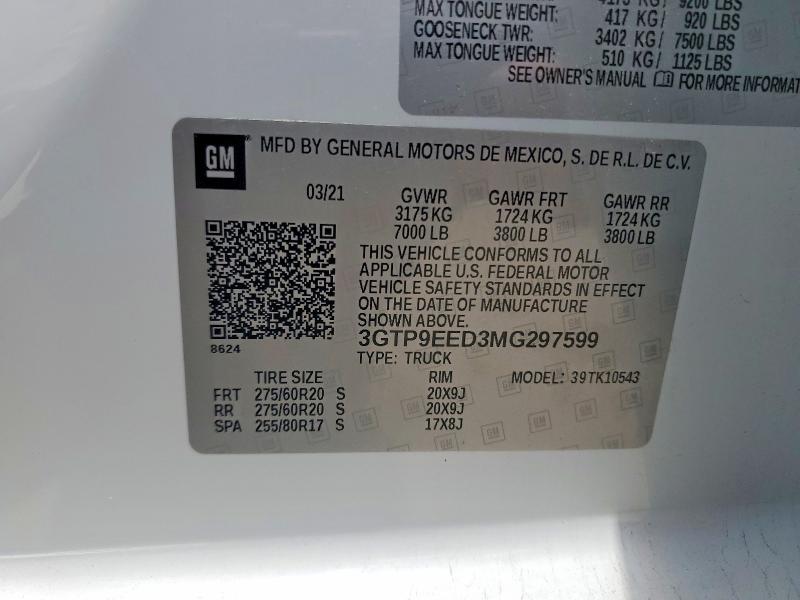 2021 Gmc Sierra მანქანა იყიდება აუქციონზე, vin: 3GTP9EED3MG297599, აუქციონის ნომერი: 56361596