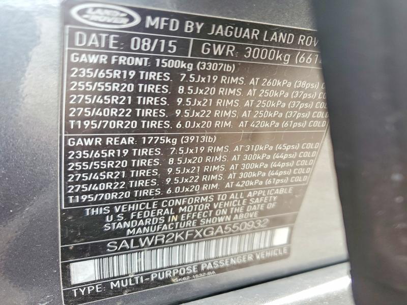 58182986 :رقم المزاد ، SALWR2KFXGA550932 vin ، 2016 Land Rover Range Rover Sport مزاد بيع