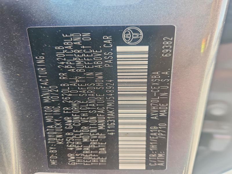 55773786 :رقم المزاد ، 4T1G31AK7MU548924 vin ، 2021 Toyota Camry مزاد بيع
