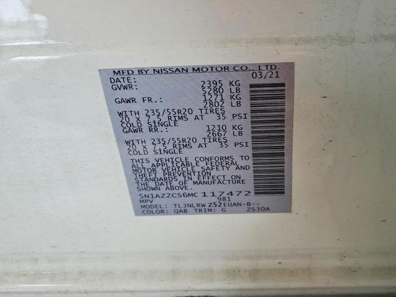 Aukcja sprzedaży 2021 Nissan Murano, vin: 5N1AZ2CS6MC117472, numer aukcji: 57528256