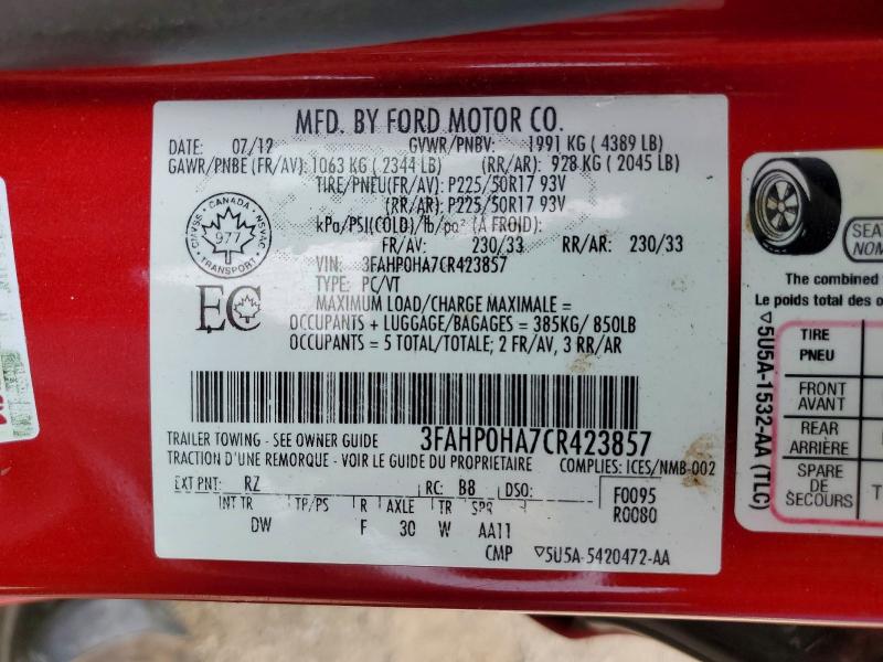 56839266 :رقم المزاد ، 3FAHP0HA7CR423857 vin ، 2012 Ford Fusion مزاد بيع