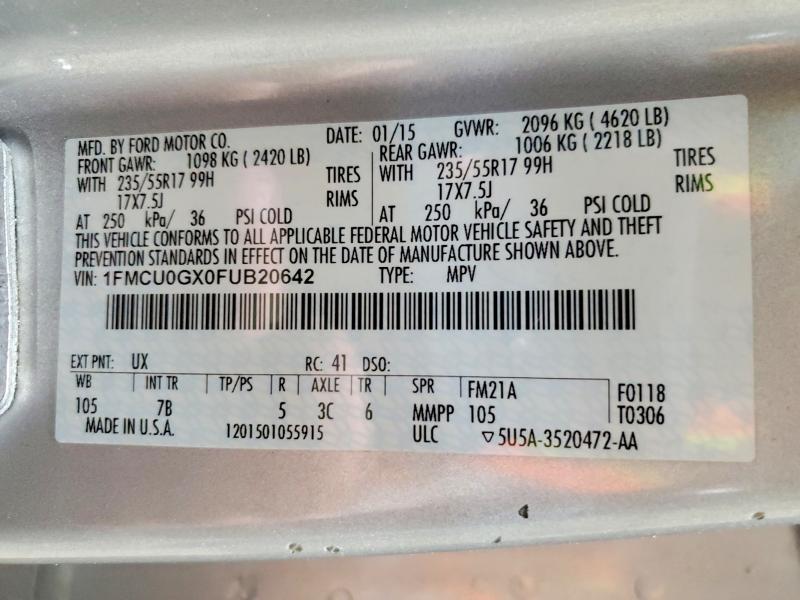 Продажа на аукционе авто 2015 Ford Escape, vin: 1FMCU0GX0FUB20642, номер лота: 58009506
