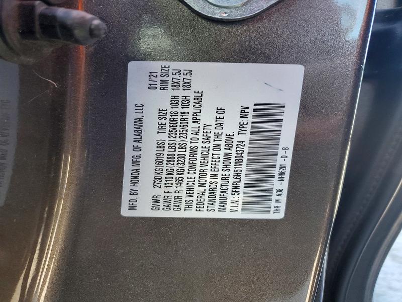 Продаж на аукціоні авто 2021 Honda Odyssey, vin: 5FNRL6H51MB043724, номер лоту: 54903806