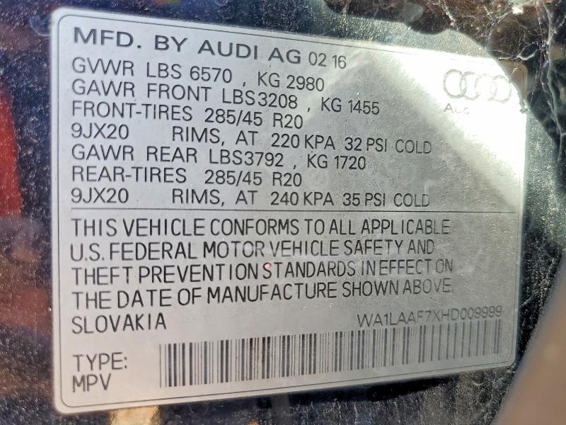Aukcja sprzedaży 2017 Audi Q7, vin: WA1LAAF7XHD009999, numer aukcji: 56748756