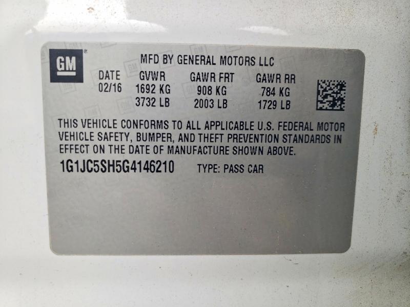 2016 Chevrolet Sonic მანქანა იყიდება აუქციონზე, vin: 1G1JC5SH5G4146210, აუქციონის ნომერი: 58948266