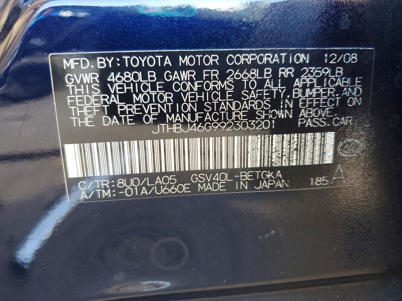 2009 Lexus Es მანქანა იყიდება აუქციონზე, vin: JTHBJ46G992303201, აუქციონის ნომერი: 58067016
