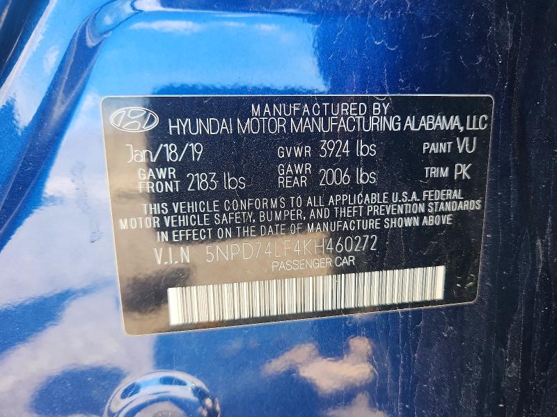 Продажа на аукционе авто 2019 Hyundai Elantra, vin: 5NPD74LF4KH460272, номер лота: 56280896