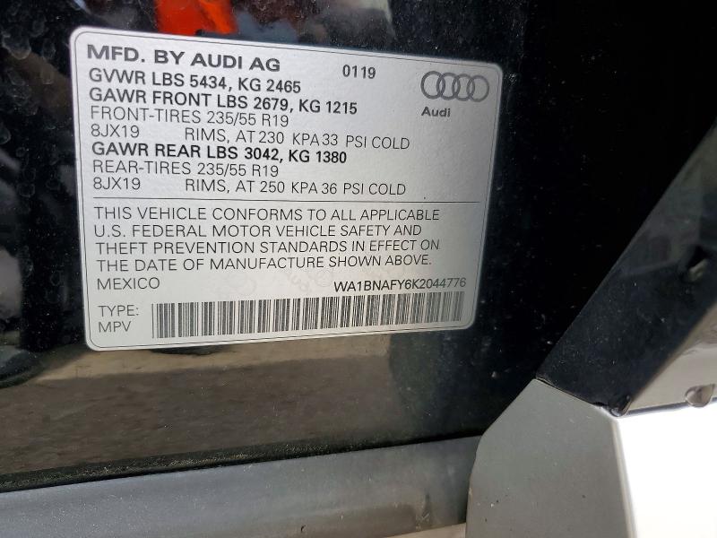 57137586 :رقم المزاد ، WA1BNAFY6K2044776 vin ، 2019 Audi Q5 مزاد بيع