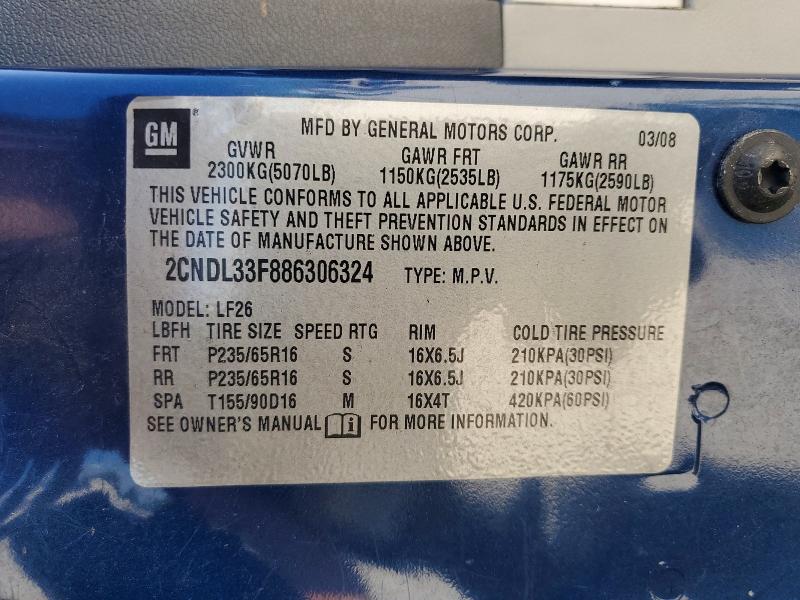 56294016 :رقم المزاد ، 2CNDL33F886306324 vin ، 2008 Chevrolet Equinox مزاد بيع
