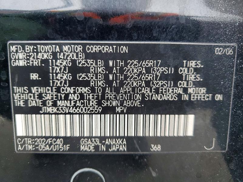 56655446 :رقم المزاد ، JTMBK33V466002559 vin ، 2006 Toyota Rav4 مزاد بيع
