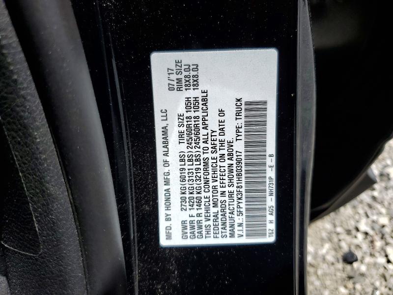 Продаж на аукціоні авто 2017 Honda Ridgeline, vin: 5FPYK3F81HB039017, номер лоту: 57120526