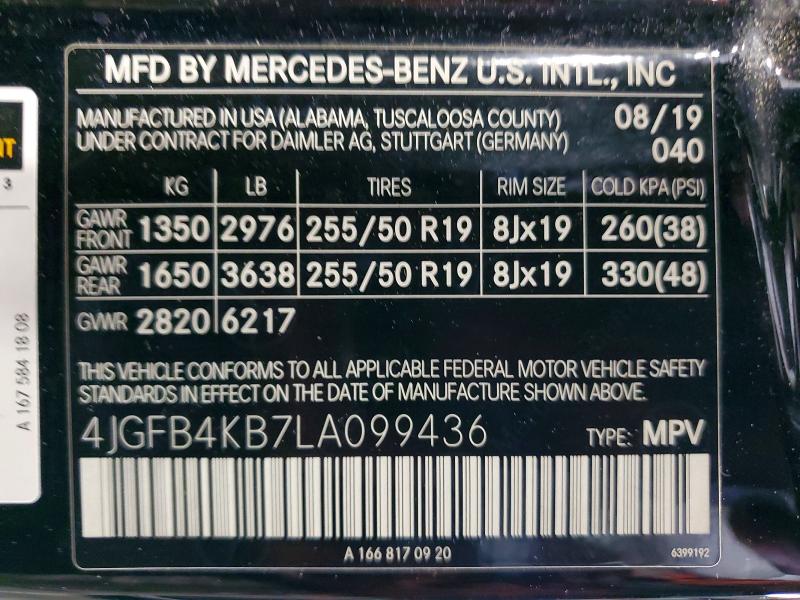 58098516 :رقم المزاد ، 4JGFB4KB7LA099436 vin ، 2020 Mercedes-benz Gle مزاد بيع