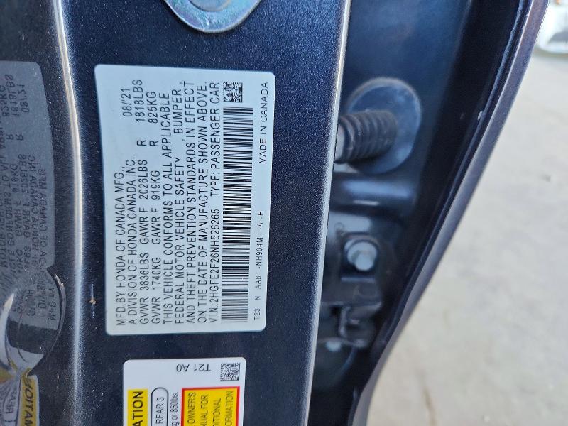 Продаж на аукціоні авто 2022 Honda Civic, vin: 2HGFE2F26NH526265, номер лоту: 56699626