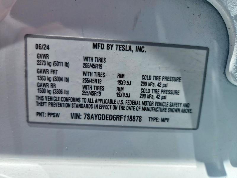55427626 :رقم المزاد ، 7SAYGDED6RF118878 vin ، 2024 Tesla Model Y مزاد بيع