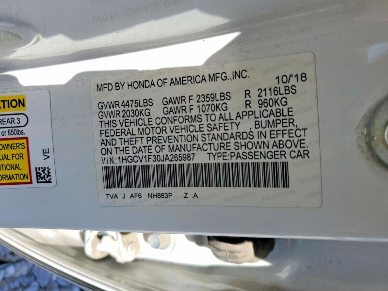 2018 Honda Accord მანქანა იყიდება აუქციონზე, vin: 1HGCV1F30JA265987, აუქციონის ნომერი: 55590536