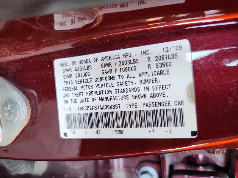 2010 Honda Accord მანქანა იყიდება აუქციონზე, vin: 1HGCP2F87AA064857, აუქციონის ნომერი: 55730046