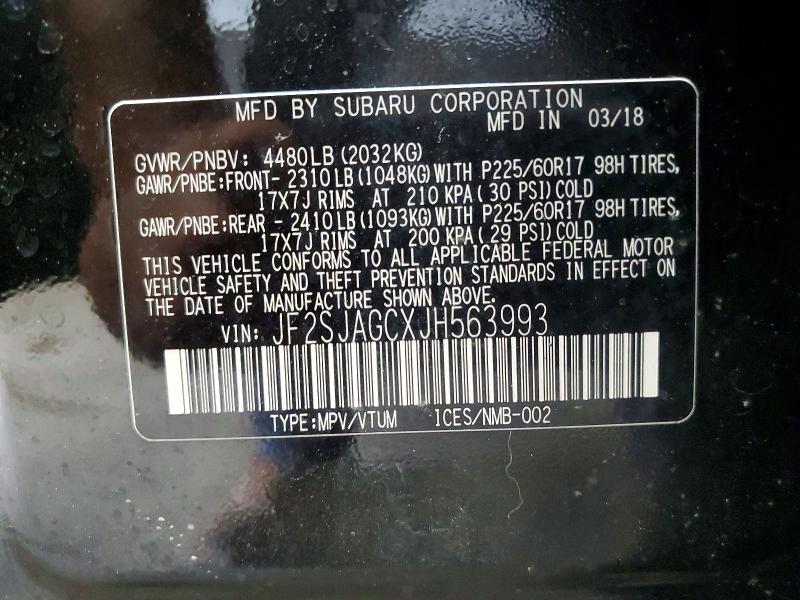 2018 Subaru Forester მანქანა იყიდება აუქციონზე, vin: JF2SJAGCXJH563993, აუქციონის ნომერი: 57315086