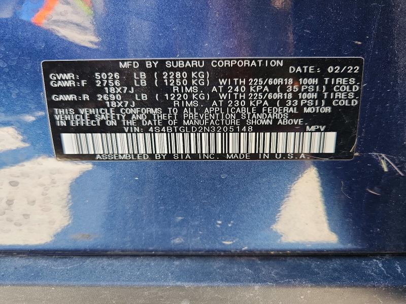 2022 Subaru Outback მანქანა იყიდება აუქციონზე, vin: 4S4BTGLD2N3205148, აუქციონის ნომერი: 55562336