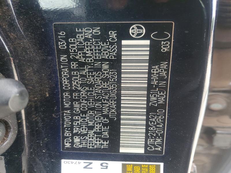 56049416 :رقم المزاد ، JTDKARFUXG3515231 vin ، 2016 Toyota Prius مزاد بيع