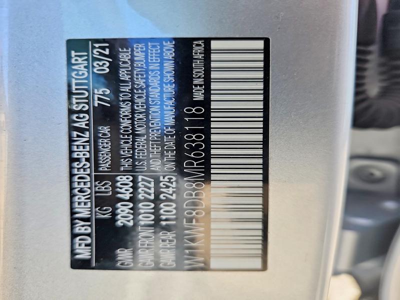 57464696 :رقم المزاد ، W1KWF8DB8MR638118 vin ، 2021 Mercedes-benz C مزاد بيع