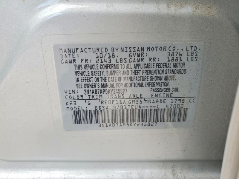 57312196 :رقم المزاد ، 3N1AB7AP5KY245827 vin ، 2019 Nissan Sentra مزاد بيع