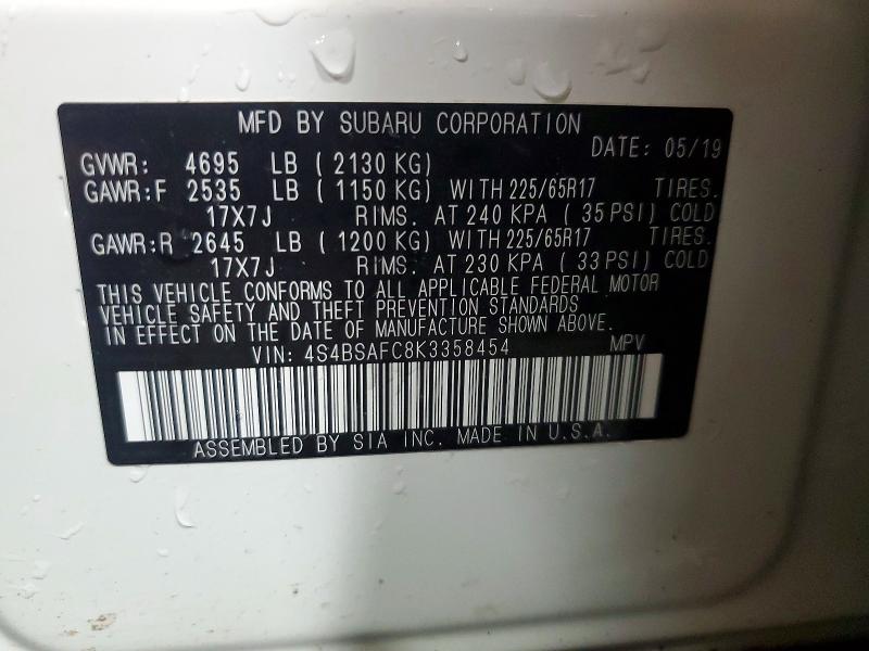 2019 Subaru Outback მანქანა იყიდება აუქციონზე, vin: 4S4BSAFC8K3358454, აუქციონის ნომერი: 55909856