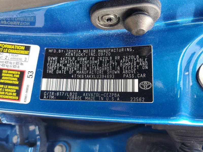 58011246 :رقم المزاد ، 4T1K61AKXLU394693 vin ، 2020 Toyota Camry مزاد بيع