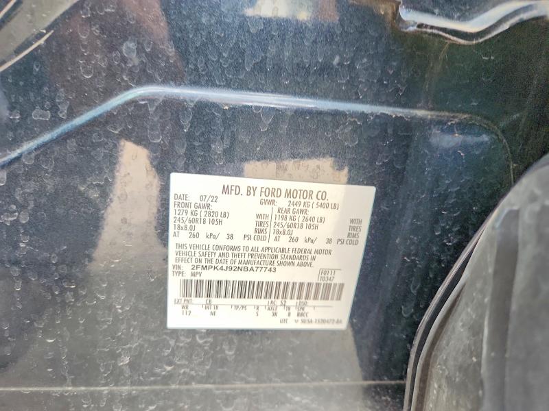 58094066 :رقم المزاد ، 2FMPK4J92NBA77743 vin ، 2022 Ford Edge مزاد بيع