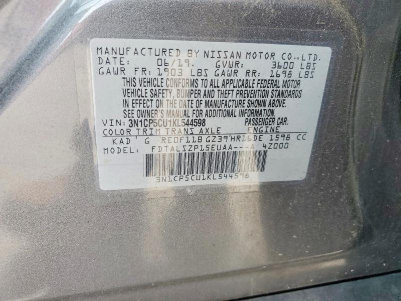 2019 Nissan Kicks მანქანა იყიდება აუქციონზე, vin: 3N1CP5CU1KL544598, აუქციონის ნომერი: 55767036