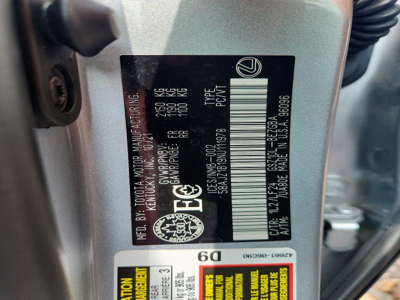 2022 Lexus Es მანქანა იყიდება აუქციონზე, vin: 58AJZ1B19NU111978, აუქციონის ნომერი: 54478676