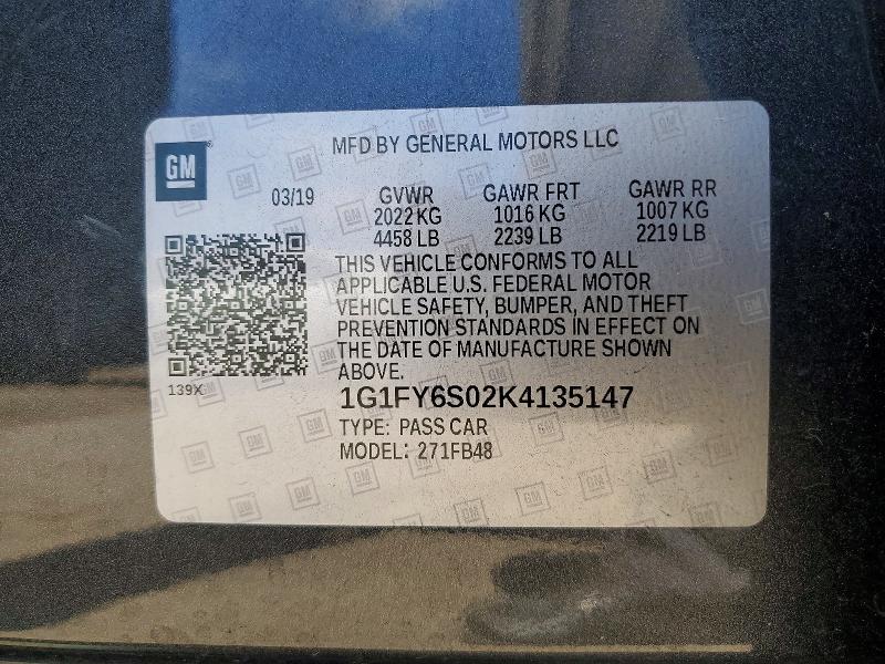 57816396 :رقم المزاد ، 1G1FY6S02K4135147 vin ، 2019 Chevrolet Bolt Ev مزاد بيع
