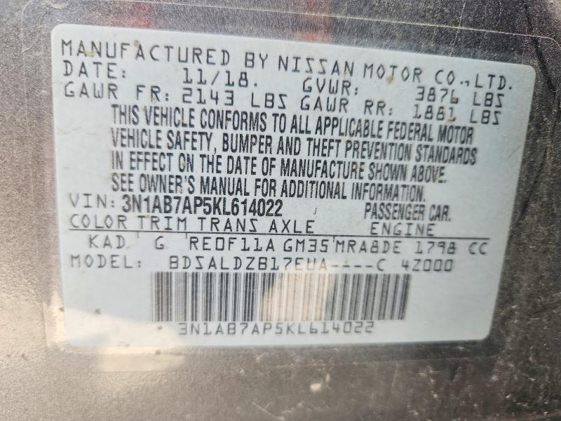 59082356 :رقم المزاد ، 3N1AB7AP5KL614022 vin ، 2019 Nissan Sentra مزاد بيع
