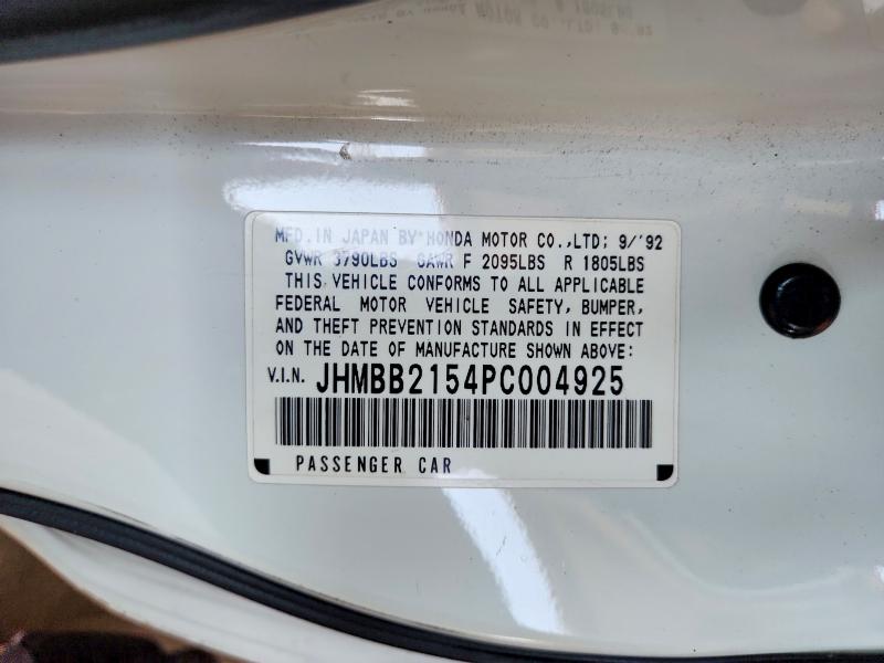 58118356 :رقم المزاد ، JHMBB2154PC004925 vin ، 1993 Honda Prelude مزاد بيع