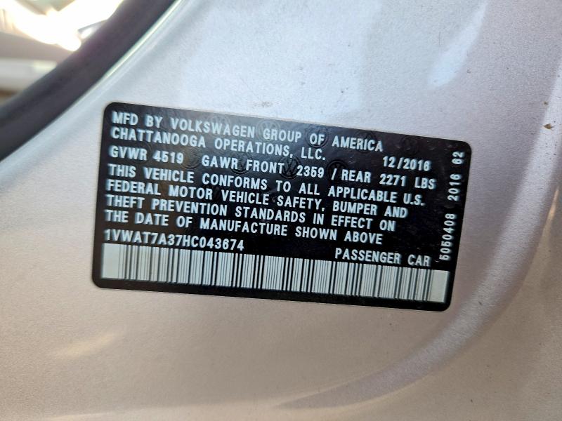 Продажа на аукционе авто 2017 Volkswagen Passat, vin: 1VWAT7A37HC043674, номер лота: 55764596