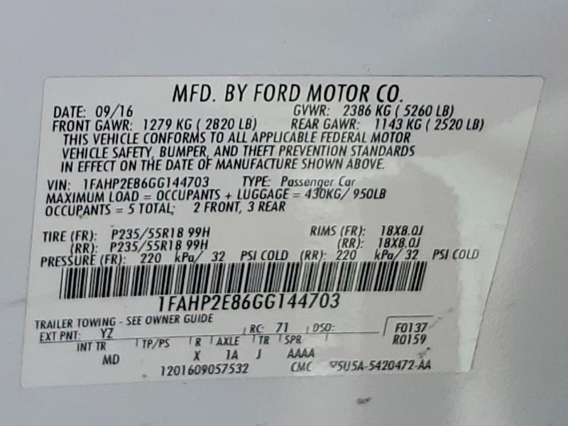 Aukcja sprzedaży 2016 Ford Taurus, vin: 1FAHP2E86GG144703, numer aukcji: 58767226