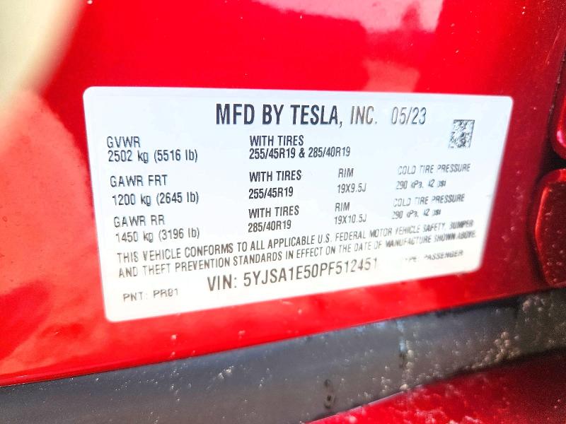 2023 Tesla Model S მანქანა იყიდება აუქციონზე, vin: 5YJSA1E50PF512451, აუქციონის ნომერი: 57610146