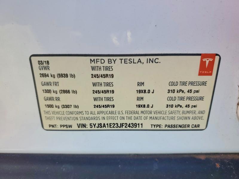 Продажа на аукционе авто 2018 Tesla Model S, vin: 5YJSA1E23JF243911, номер лота: 55718056