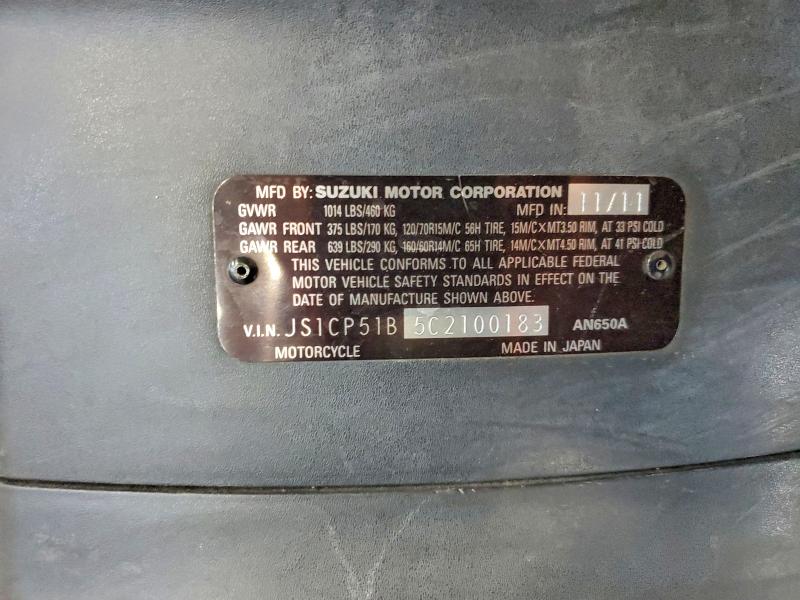 2012 Suzuki An650 მანქანა იყიდება აუქციონზე, vin: JS1CP51B5C2100183, აუქციონის ნომერი: 57526406