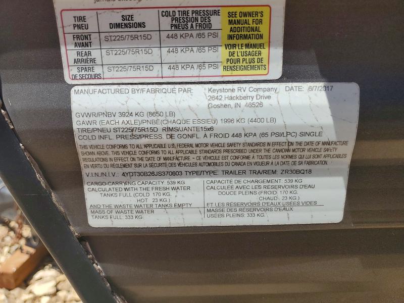 Продажа на аукционе авто 2018 Keystone Zinger, vin: 4YDT30B26JS370603, номер лота: 56303086