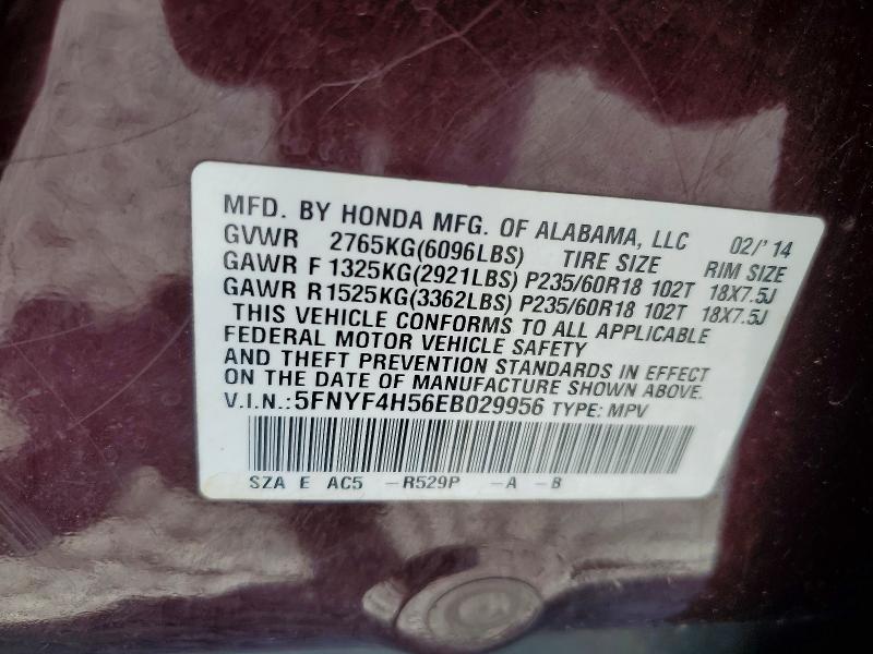 Продаж на аукціоні авто 2014 Honda Pilot, vin: 5FNYF4H56EB029956, номер лоту: 56021066