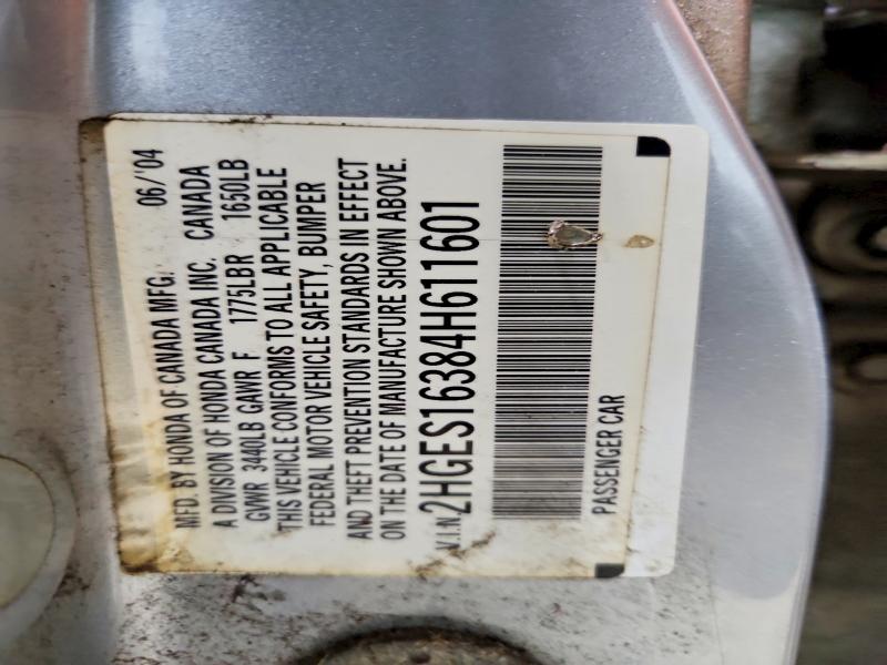 2004 Honda Civic მანქანა იყიდება აუქციონზე, vin: 2HGES16384H611601, აუქციონის ნომერი: 54424406