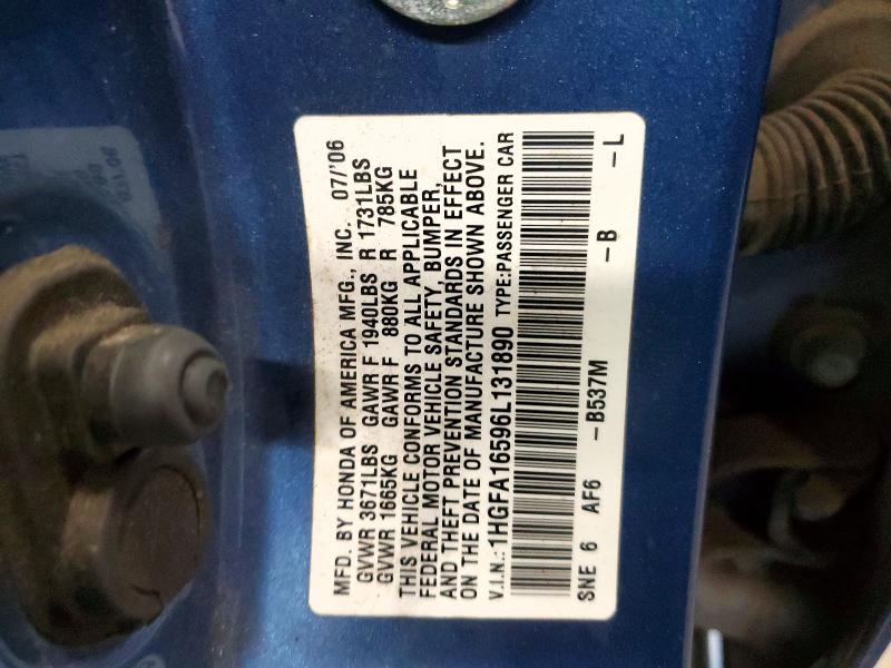 57063576 :رقم المزاد ، 1HGFA16596L131890 vin ، 2006 Honda Civic مزاد بيع