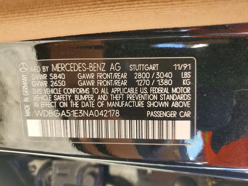 1992 Mercedes-benz 500 მანქანა იყიდება აუქციონზე, vin: WDBGA51E3NA042178, აუქციონის ნომერი: 58999436