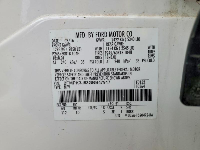 Aukcja sprzedaży 2016 Ford Edge, vin: 2FMPK3J83GBB47917, numer aukcji: 56357226