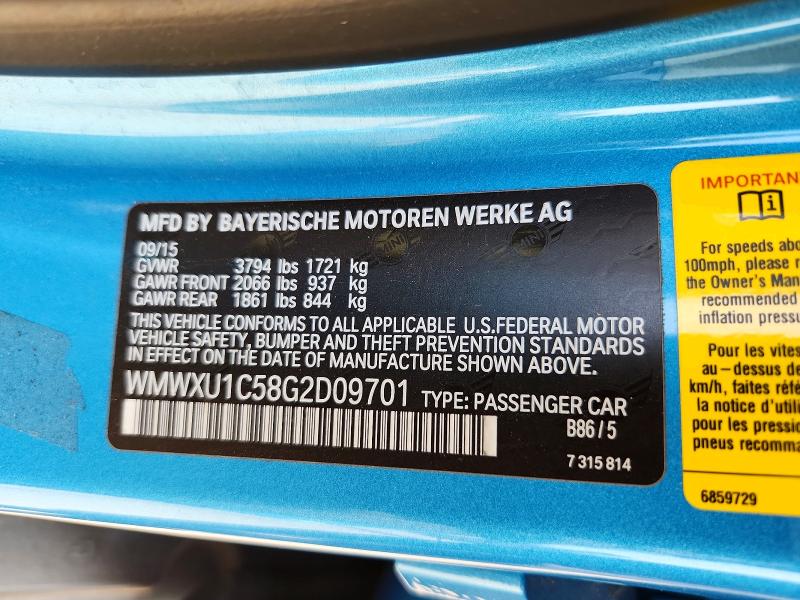2016 Mini Cooper მანქანა იყიდება აუქციონზე, vin: WMWXU1C58G2D09701, აუქციონის ნომერი: 58545086